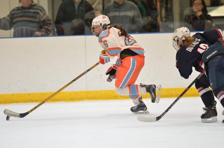 Sophomore Anna Fairman chases the puck across the ice.