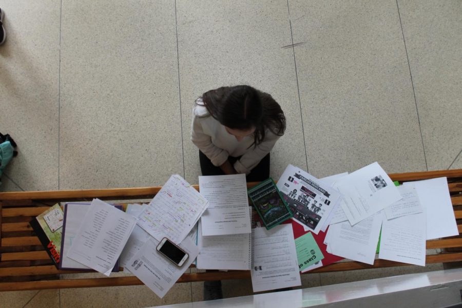 Senior Caroline Shabet reads over all of her papers from various classes.