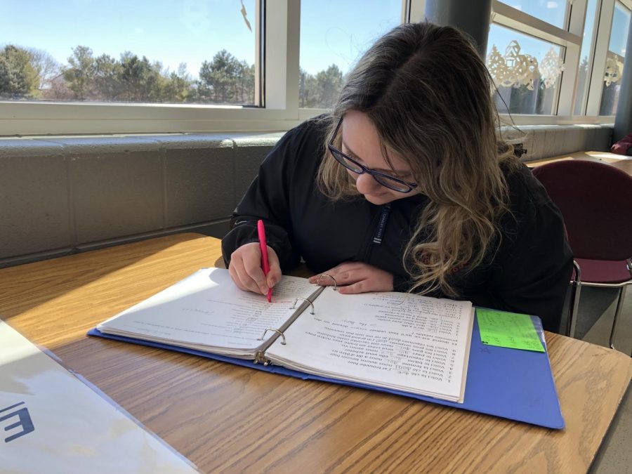 Sophomore Lily Renke studies for the upcoming PSAT test. Freshmen and sophomores will take the test during the week following Spring Break. 