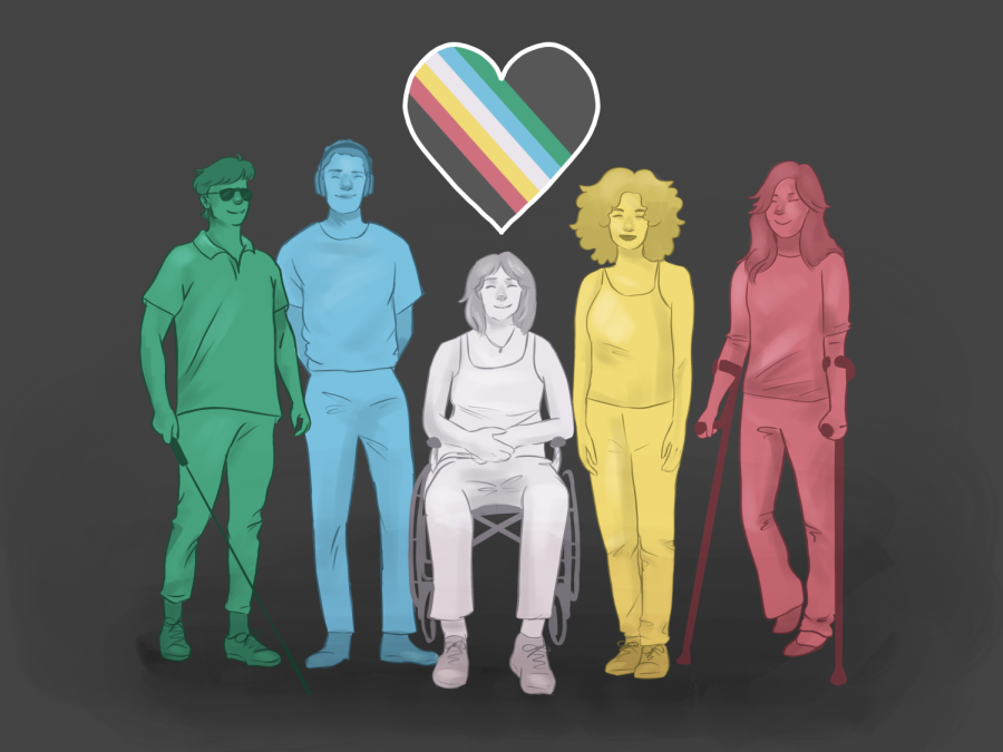 Illustration+of+five+people%2C+each+in+one+of+the+disability+pride+flag+colors%2C+on+a+dark+gray+background.