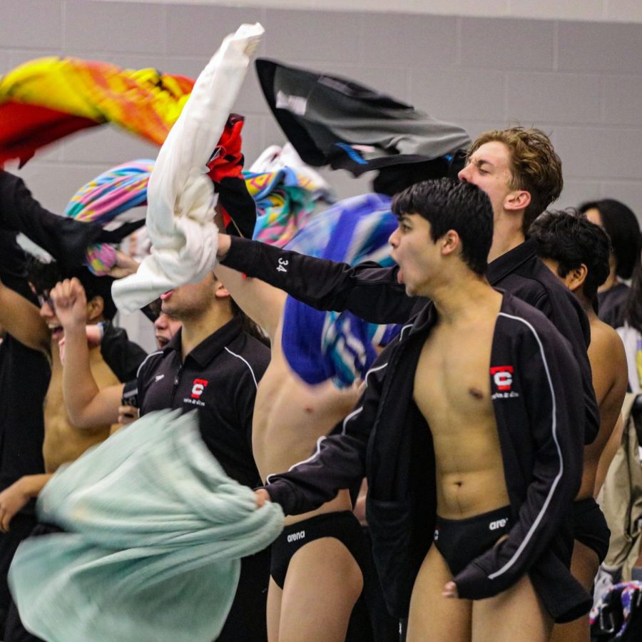 The Troy High School team celebrates their diving teammates.