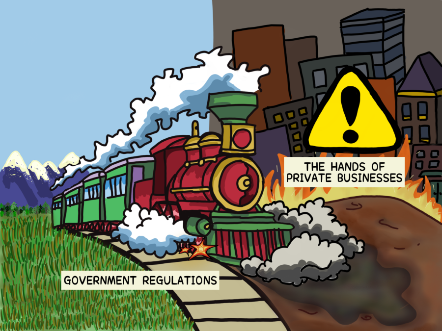 A political cartoon depicting the destruction that will occur if railroad safety is left in the hands of private businesses.